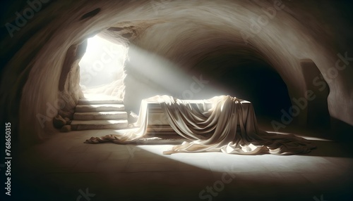 Tomb with light gushing in and a white cloth  photo