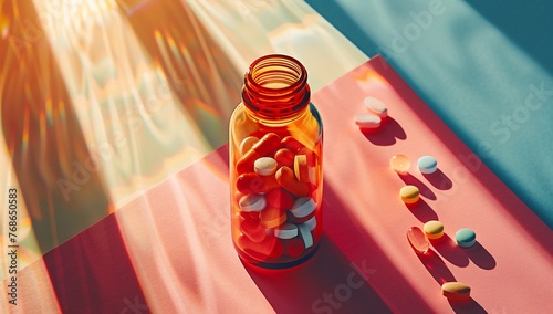 Colorful pills spill from a glass bottle onto a geometric background, creating a play of light and shadow.