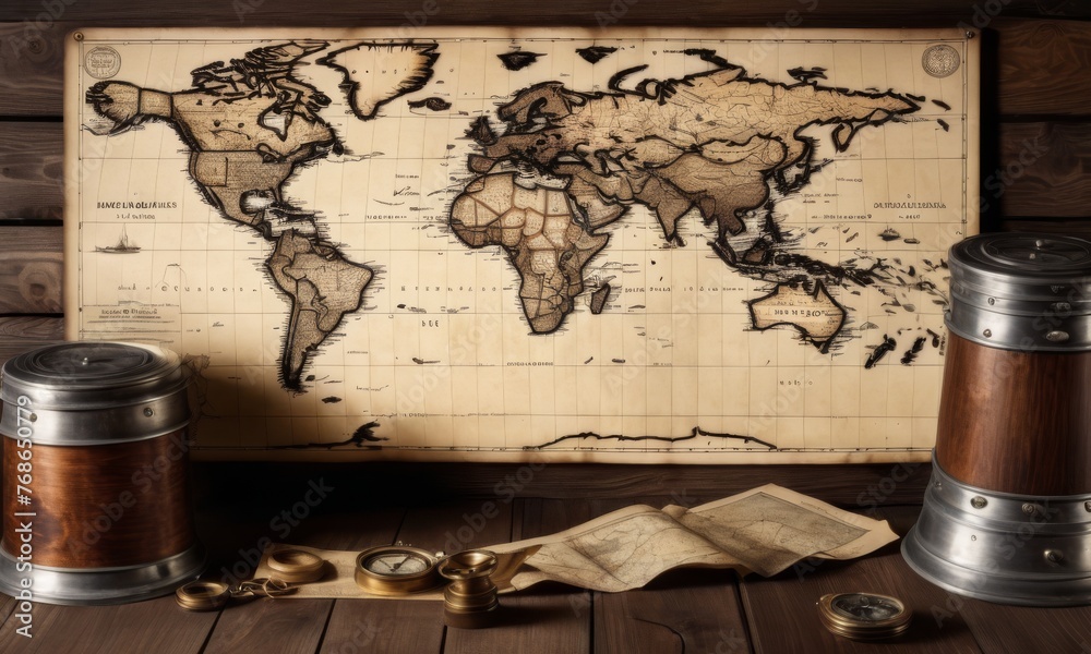 An aged world map hangs on a wooden wall, flanked by vintage nautical equipment. The scene evokes the era of exploration, suggesting stories of voyages and discoveries. AI generation