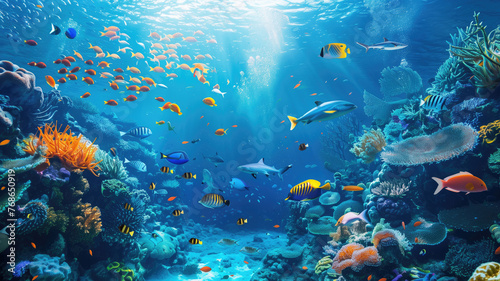 beautiful underwater scenery with various types of fish and coral reefs Generative AI photo
