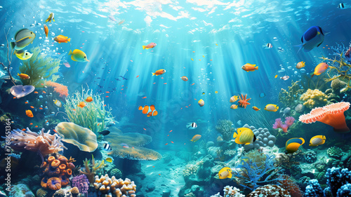 Fototapeta Naklejka Na Ścianę i Meble -  beautiful underwater scenery with various types of fish and coral reefs Generative AI