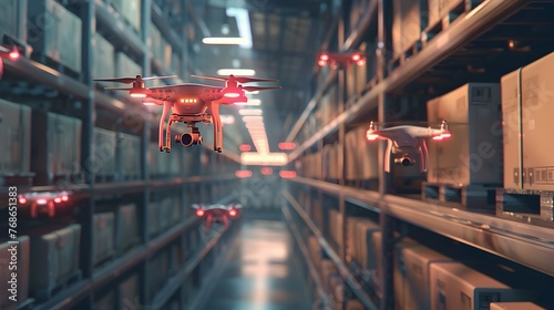 Drones Scanning and Managing Inventory in a Cutting-Edge Futuristic Warehouse photo