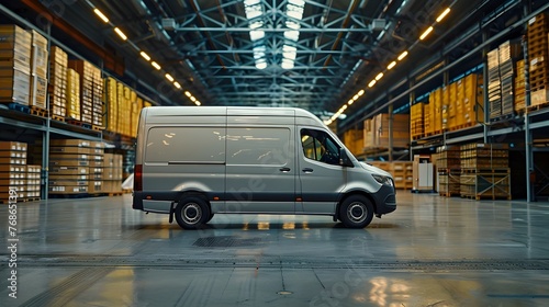 Delivery Vehicle Ready for Action A Commercial Van in an Industrial Warehouse photo
