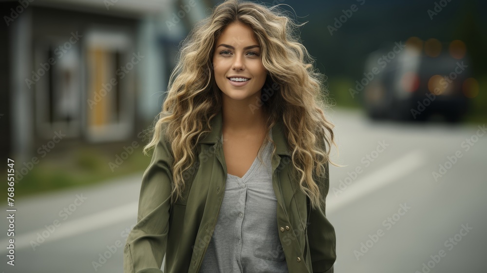Smiling young woman with a joyful expression walking gracefully along the bustling urban street