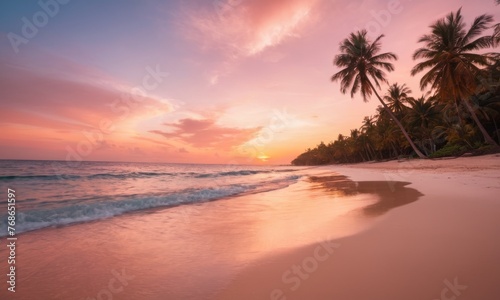 The peach-tinted sky of the early evening graces a deserted island beach with a peaceful atmosphere. Silhouetted palm trees add a dramatic contrast to the soft pastel colors of the sunset. AI © Anastasiia