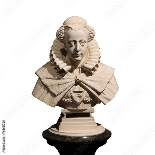 Elegant sculpted bust of mary stuart, historic queen of scots, isolated on a black background
