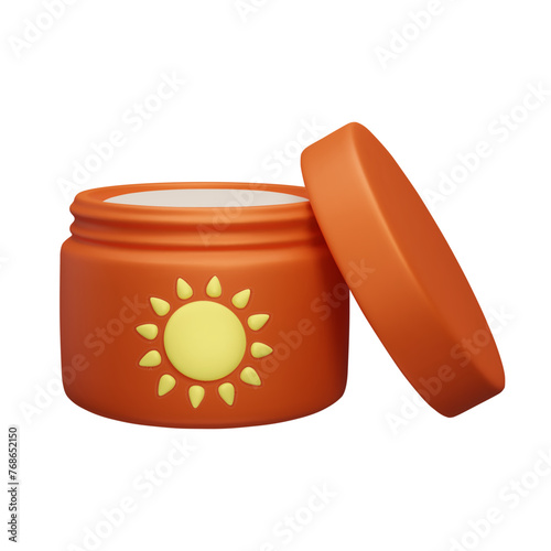 3D sunscreen cream jar vector illustration. Orange SPF cream bottle with yellow sun label 3D cosmetic product packaging. Summer beauty skincare, sun safety makeup, UV light protection on the beach.