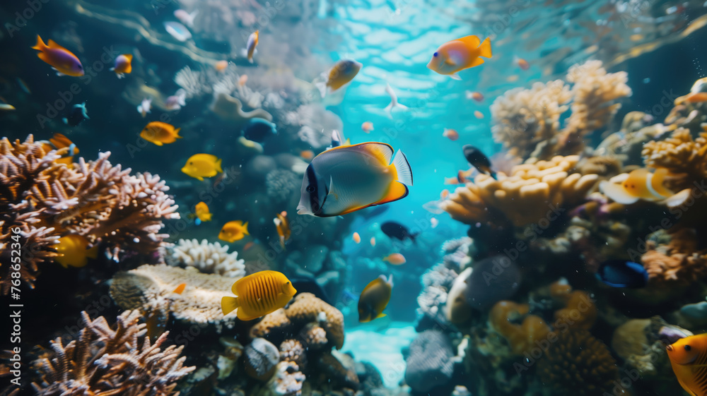Fototapeta premium beautiful underwater scenery with various types of fish and coral reefs Generative AI