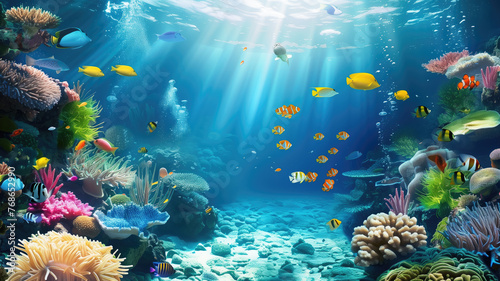 beautiful underwater scenery with various types of fish and coral reefs Generative AI © Pavithiran
