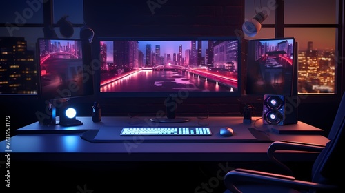 A dual-monitor setup with a sleek keyboard and mouse on a glossy black desk, creating a high-tech atmosphere.