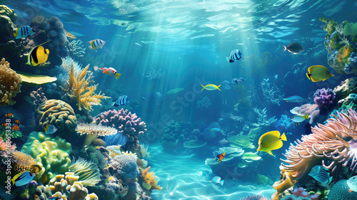 beautiful underwater scenery with various types of fish and coral reefs Generative AI