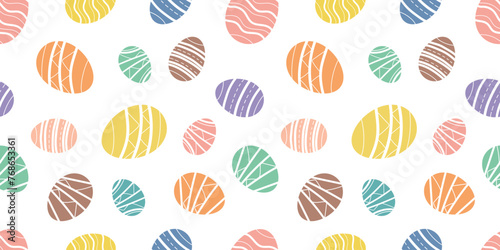 Easter seamless pattern isolated on white background with colored decorative eggs. Easter eggs decorative background. Happy Easter banner, poster, greeting card. Trendy Easter design