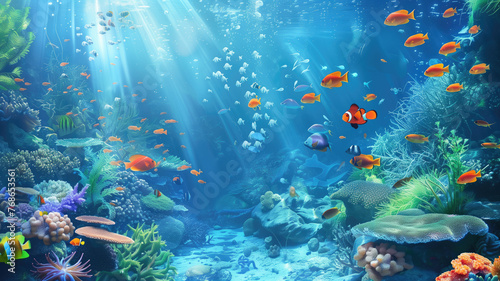 beautiful underwater scenery with various types of fish and coral reefs Generative AI © Pavithiran