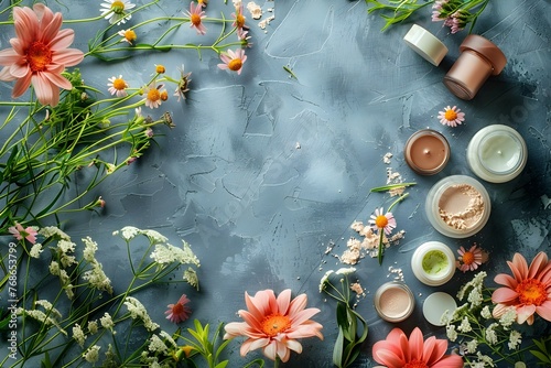 Natural Skincare Products Meet Wildflowers in Elegant Flat Lay Composition