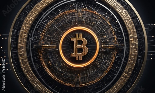 A golden Bitcoin symbol serves as the gateway to the digital world  underscored by shimmering lines of data and technology. It highlights cryptocurrency s gateway role in digital transactions. AI