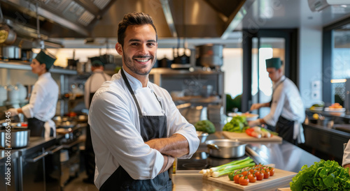A smiling chef stands in the center of his modern kitchen, with professional cooking equipment and fresh vegetables on the counter