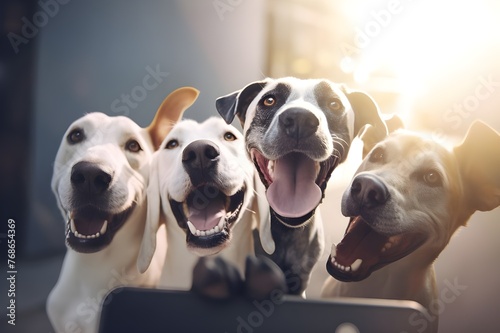 A group of dogs are gathered together in front of a white wall.
 photo