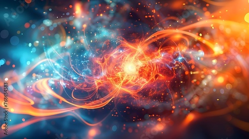 Abstract image of glowing atomic particles and energy waves.