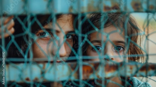 Portrait of refugee mother with children behind wire mesh fence, depicting the harsh reality of life in refugee homeless migrant camps or at border crossings. 