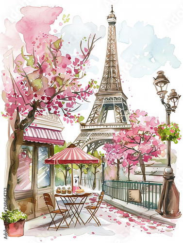A painting of a Parisian cafe with a large Eiffel tower in the background. The cafe is filled with tables and chairs, and there are umbrellas providing shade. The scene is lively and inviting