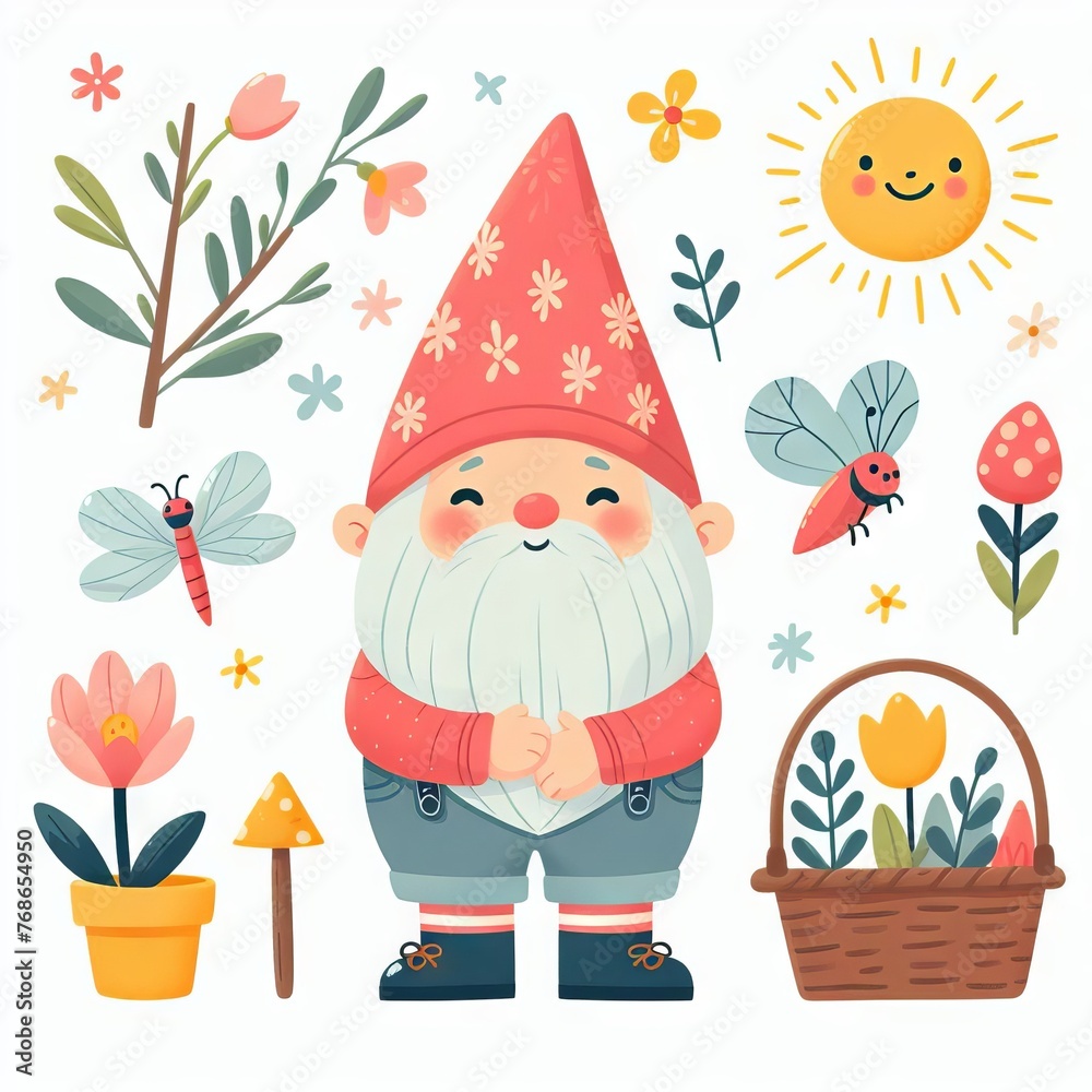 Naklejka premium Cute summer gnome with flowers. Flat illustration 