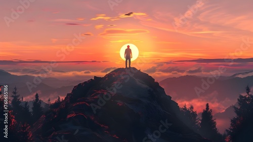 A Man Is Standing In the Mountain and sees the sunset wallpaper
