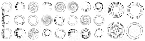 Set of black thick halftone dotted speed lines. Speed lines in the shape of a circle. Geometric art. Design element for frame, logo, tattoo, web pages, prints, posters, template, abstract vector backg