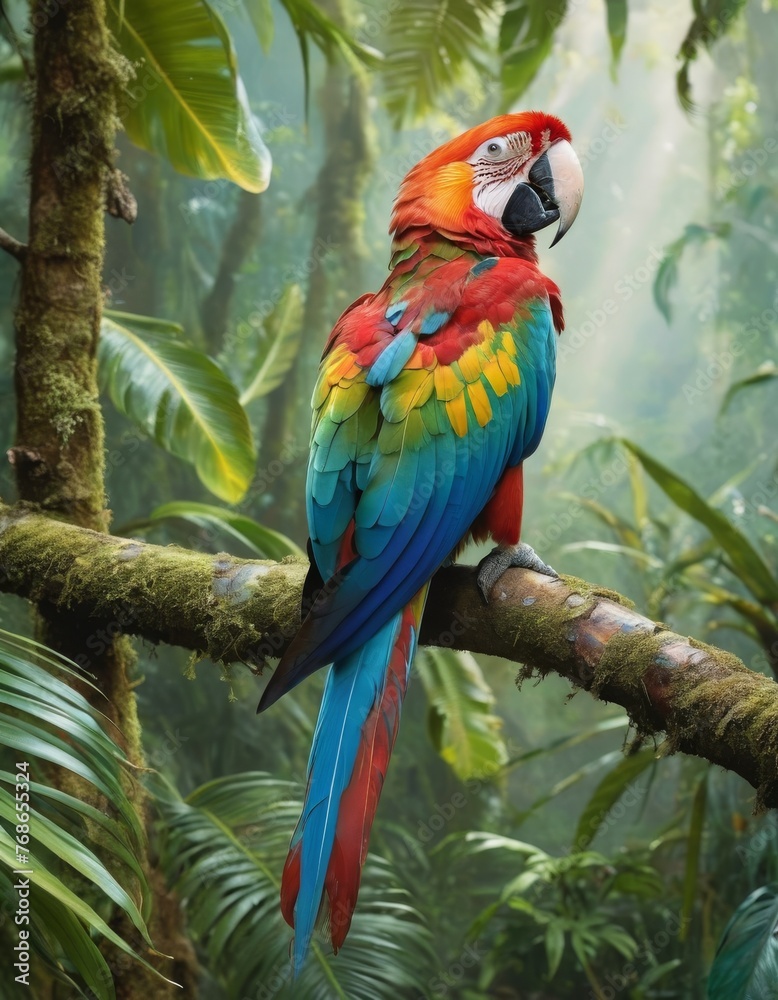 A colorful scarlet macaw, feathers bursting with red, blue, and yellow hues, perches on a branch amid the dense greenery of a misty rainforest.