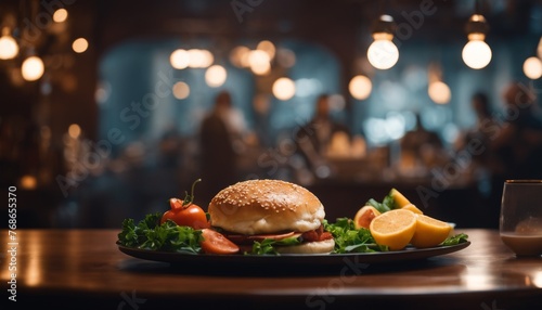 A gourmet burger presented on an elegant plate, garnished with fresh lettuce and tomatoes, in a moody, upscale tavern setting