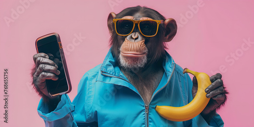funny monkey in blue jacket and eyeglasses using smartphone isolated on pink