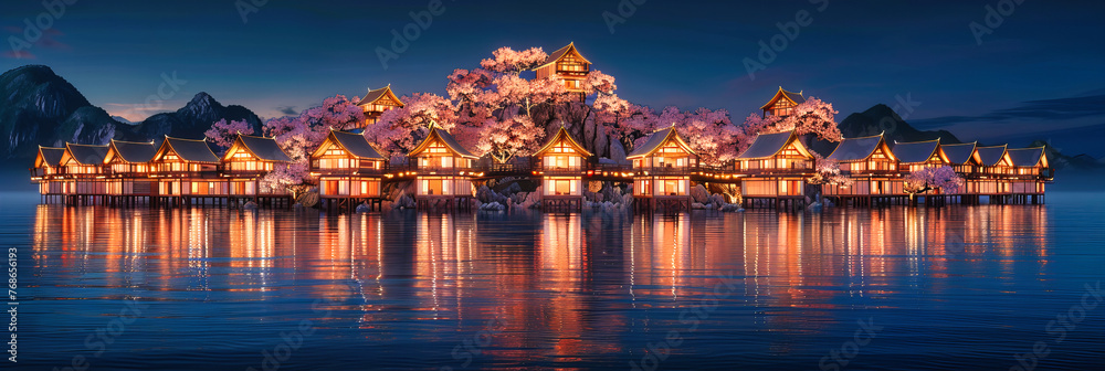 Ancient Reflections: A Tranquil Lake Mirrors the Timeless Beauty of Asian Architecture at Twilight, Evoking Peace and Serenity