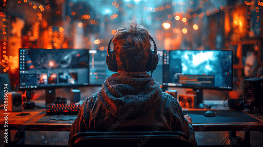 Gamer, streamer or vlogger wearing headset using three computer screens
