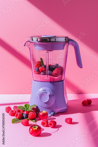 
A blue blender with berries and mint inside on a pastel pink background photo