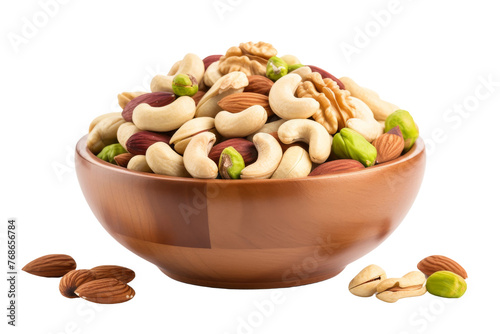 Harvest Delights: Brown Bowl Overflowing With Nuts and Almonds. On a White or Clear Surface PNG Transparent Background.