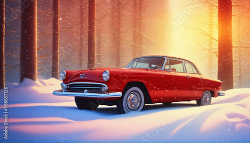 Classic Red Car Parked in Snowy Woods at Sunrise