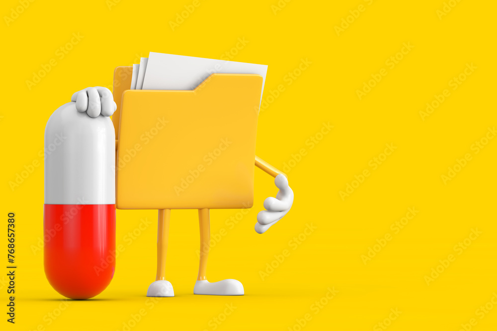 Yellow File Folder Icon Cartoon Person Character Mascot with Capsule Pill . 3d Rendering Yellow File Folder Icon Cartoon Person Character Mascot with Capsule Pill . 3d Rendering