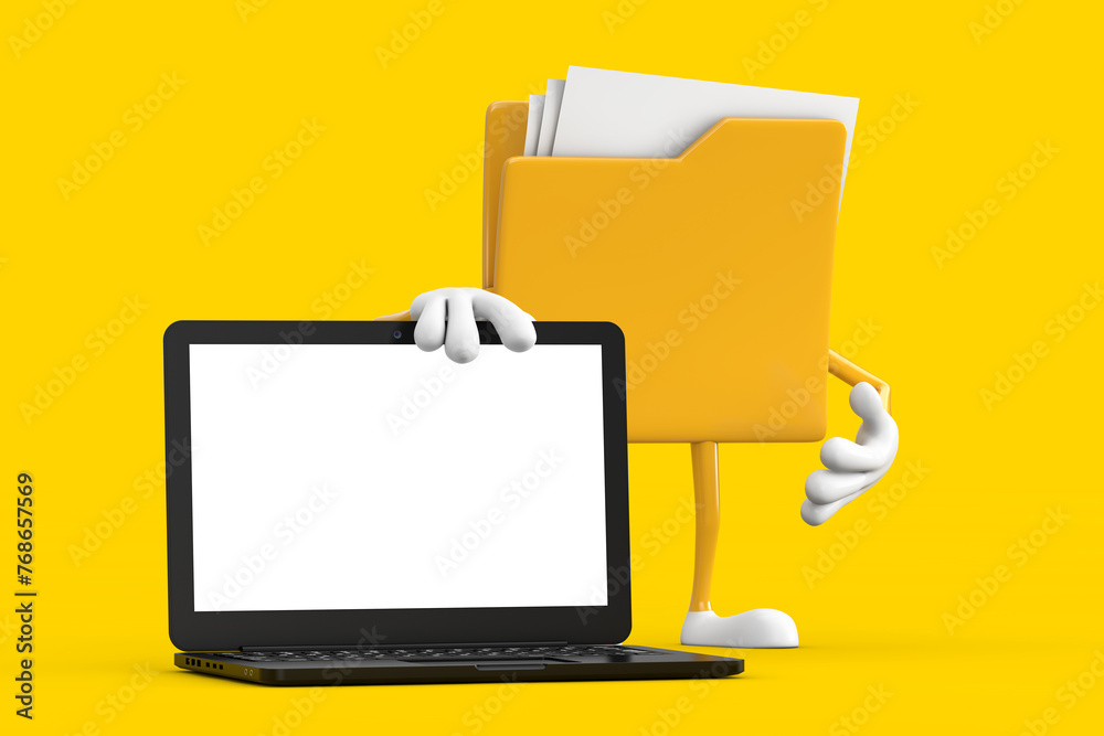 Yellow File Folder Icon Cartoon Person Character Mascot with Modern Laptop Computer Notebook and Blank Screen for Your Design. 3d Rendering Yellow File Folder Icon Cartoon Person Character Mascot with Modern Laptop Computer Notebook and Blank Screen for Your Design. 3d Rendering