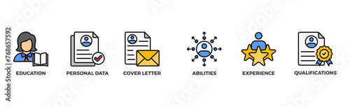 Curriculum vitae banner web icon illustration concept with icon of education, personal data, cover letter, abilities, experience and qualifications