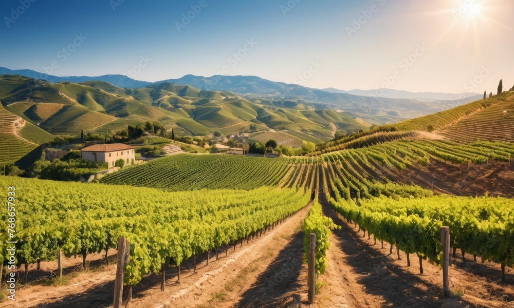 Lush vineyards bask in the golden sunshine, with rolling hills as a backdrop. The scene is ripe with the promise of fine wine and rich harvests. AI generation