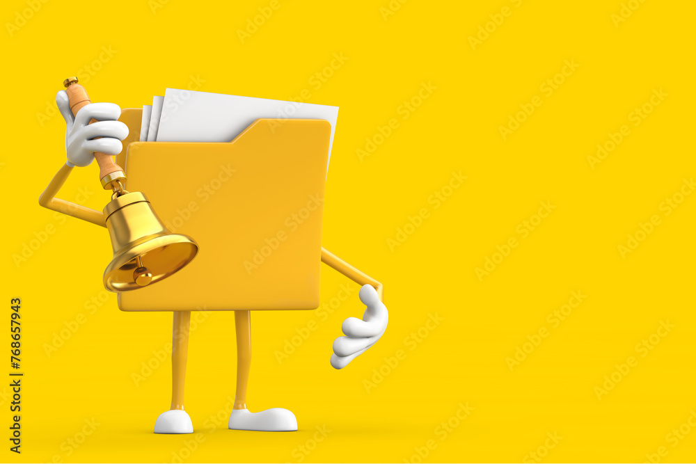 Yellow File Folder Icon Cartoon Person Character Mascot with Vintage Golden School Bell. 3d Rendering