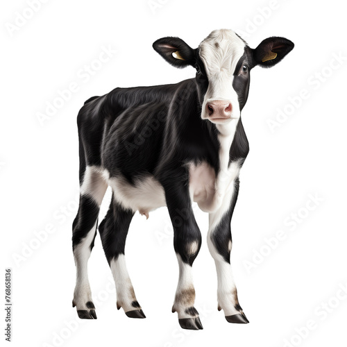 Calf cow isolated on a transparent background, png. White black calf photo