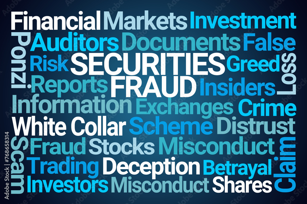 Securities Fraud Word Cloud on Blue Background Securities Fraud Word Cloud on Blue Background