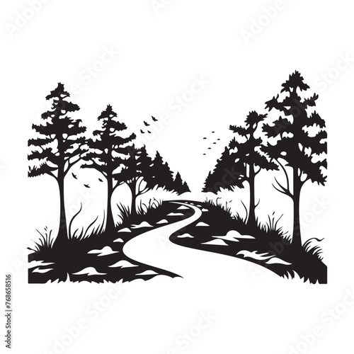 Serene forest pathway silhouette clipart on a white background