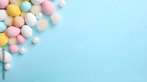 Multi-colored Easter eggs in pastel colors, half frame pattern with space for text 