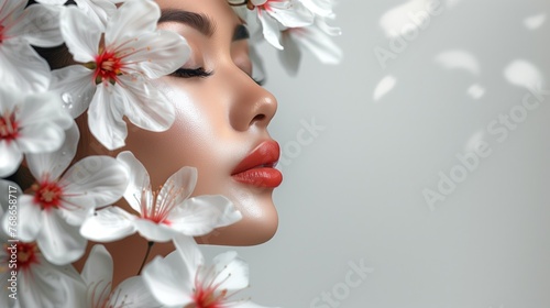 Portrait of a beautiful Asian girl. Contemporary art collage woman with flowers on her face. Woman Portrait with Natural Make up and smooth Skin. Women Facial Spa Massage Cosmetology Face Skin Care