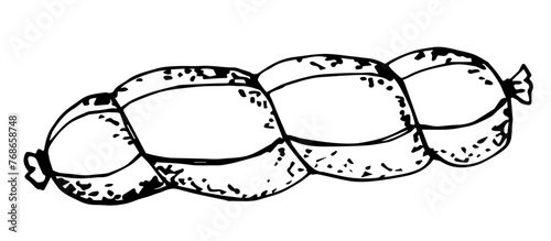 Simple black outline vector drawing. A bunch of sausages, meat products. Sketch in ink.
