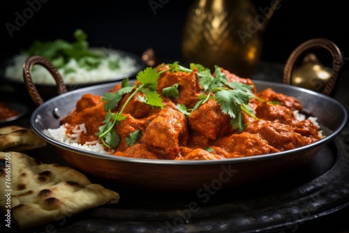 Delicious chicken tikka masala on a metal tray against a painted brick background