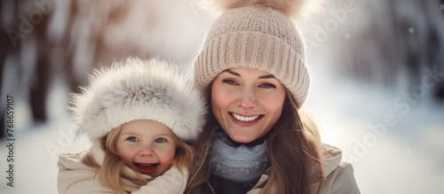 A young mother holding her little daughter in the snowy outdoors, both enjoying a beautiful winter day. The woman is smiling, while the girl looks curious and happy.