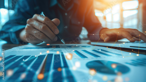 Business audit stock financial finance management on analysis data strategy with graph accounting marketing or report chart economy investment research profit concept. Generative AI