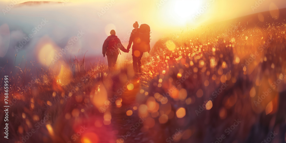 Two friends admiring beautiful landscape on scenic sunset. Adventurous young people with backpack. Hiking and trekking on a nature trail. Traveling by foot.